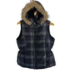 YMI Puffer Vest Lined Full Zip Faux Fur Removable Hood Black Purple Women XL